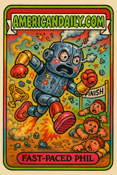 Trading card of 'Fast-Paced Phil', a grotesque robot with bulging eyes sprinting across a finish line, leaving humans in dust.