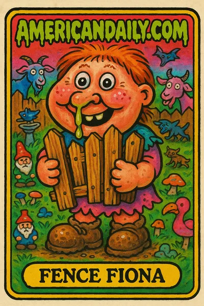 A satirical trading card illustration featuring Fence Fiona, with grotesque features and goats, against a cluttered backyard scene.