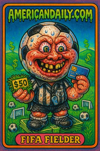A grotesque satirical illustration of 'FIFA Fielder', a character with a soccer ball head holding a $450 grass patch, symbolizing commercialization in sports.