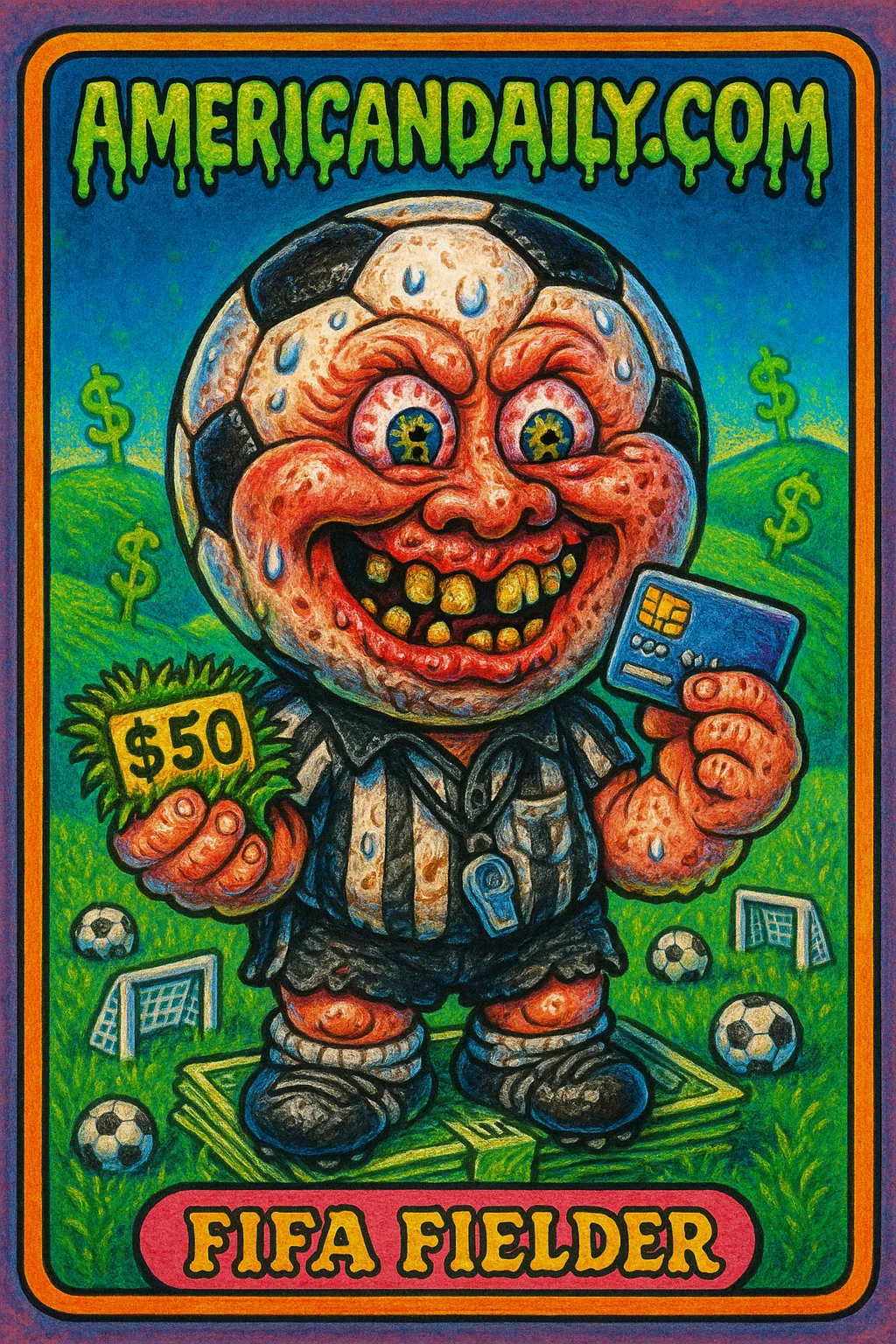 A grotesque satirical illustration of 'FIFA Fielder', a character with a soccer ball head holding a $450 grass patch, symbolizing commercialization in sports.