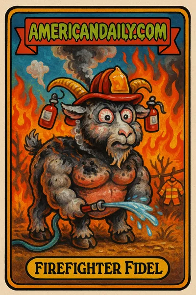 A grotesquely drawn trading card of 'Firefighter Fidel', a goat jocularly depicted as a firefighter tackling a raging wildfire.