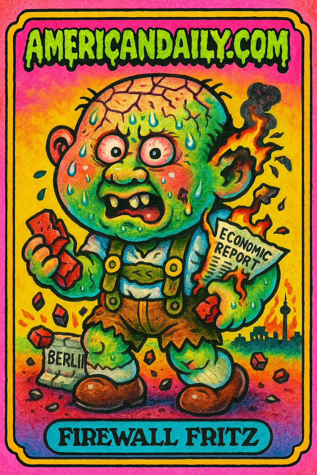 Garbage Pail-style card of Firewall Fritz, a crumbling wall-headed figure with exaggerated features, holding bricks amid a mini-exploding Berlin Wall.
