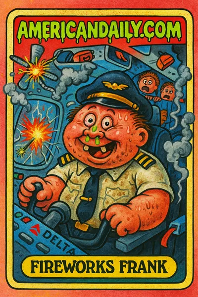 A grotesque pilot named 'Fireworks Frank' sits in a Delta plane cockpit, looking panicked as fireworks explode outside and chaos unfolds inside.
