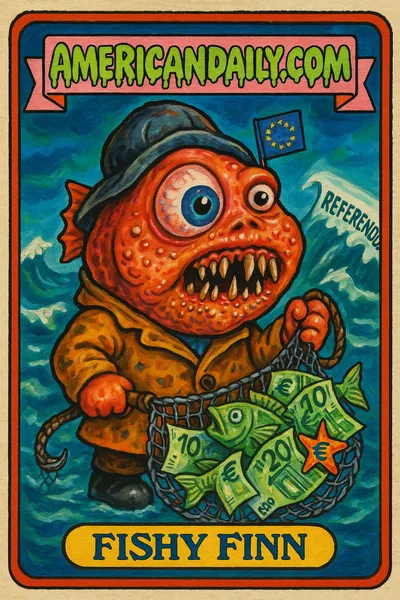 Parody card of Fishy Finn, a grotesque fisherman with a fish-shaped face, tangled in EU-themed fishing net in stormy ballot sea background.