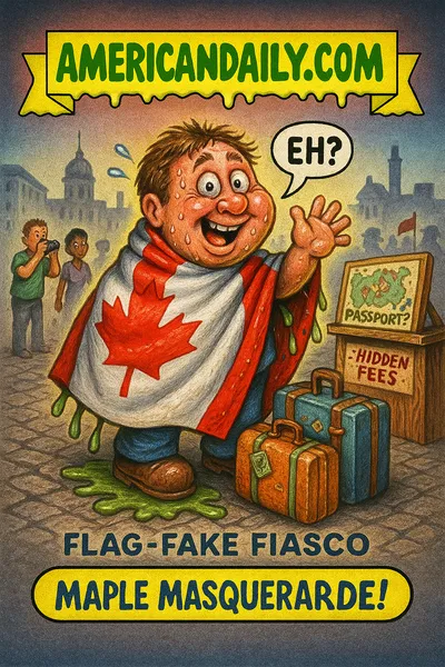 Cartoon traveler wrapped in Canadian flag cloak, locals looking on, banner AMERICANDAILY.COM, caption Maple Masquerade!