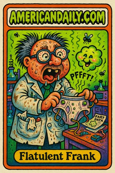 A grotesque cartoon scientist with wild hair and cracked glasses holds smart underwear amidst cartoon fart clouds and lab equipment.