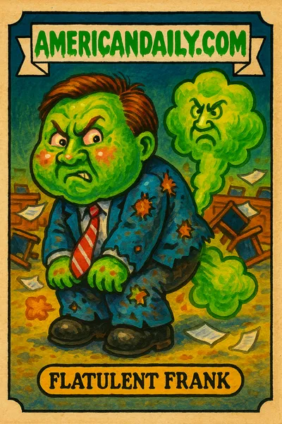 A trading card featuring an exaggerated cartoon of a politician in a squatted position, emitting a green gas cloud, with chaos in a council room.
