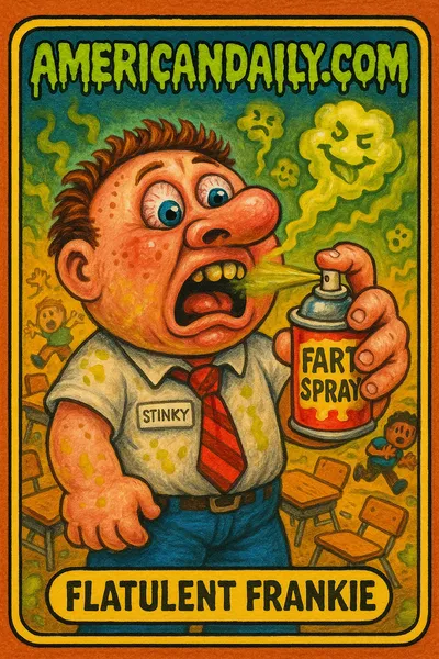 A grotesque student character, 'Flatulent Frankie', reacting to a fart spray canister with exaggerated facial features and comic chaos in a classroom.