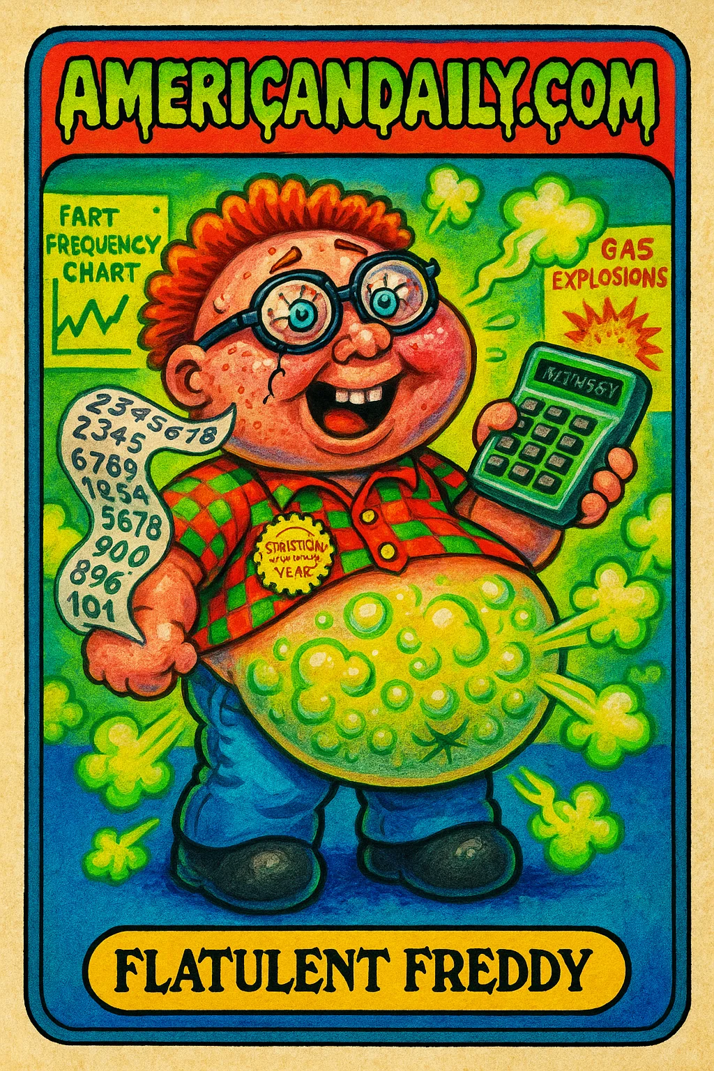 A grotesque Garbage Pail Kid-style character, Flatulent Freddy, with comically oversized head and exaggerated air bubbles in a lab-themed background.