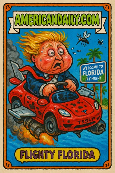 Grotesque politician in flying Tesla Roadster, exaggerated thrusters and palm trees, featuring comic chaos unique to Florida's legal ambitions.