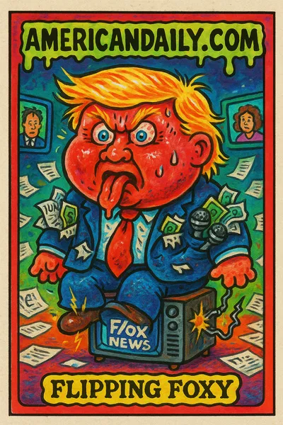 A satirical, grotesque trading card of an enraged Trump with a massive head and bulging eyes, atop a small, sparking TV showing Fox News.