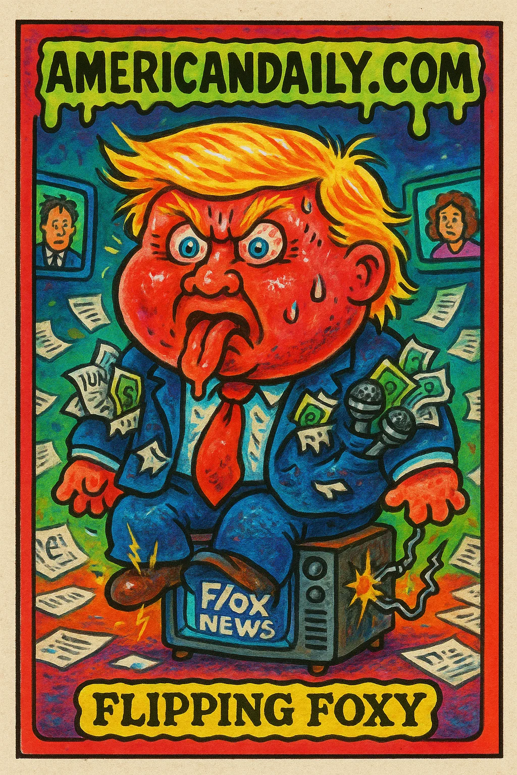 A satirical, grotesque trading card of an enraged Trump with a massive head and bulging eyes, atop a small, sparking TV showing Fox News.
