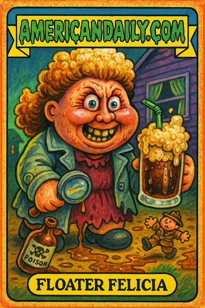 Trading card of Floater Felicia, holding a poisoned root beer float with a goofy detective outfit amidst a chaotic crime scene.