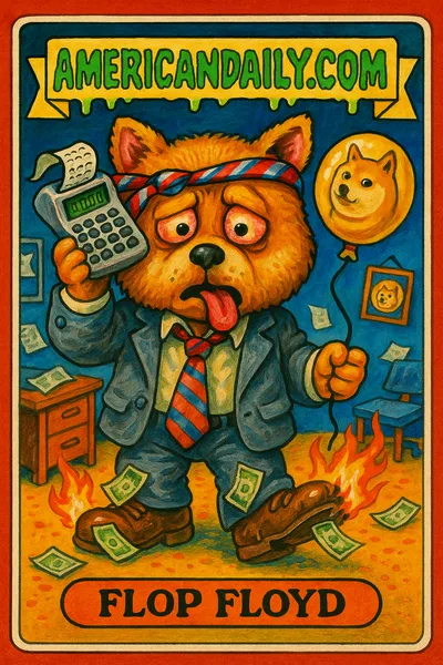Grotesque parody of a dog-mascot in business attire, embodying the collapse of the DOGE venture, with scattered money and a deflated balloon.