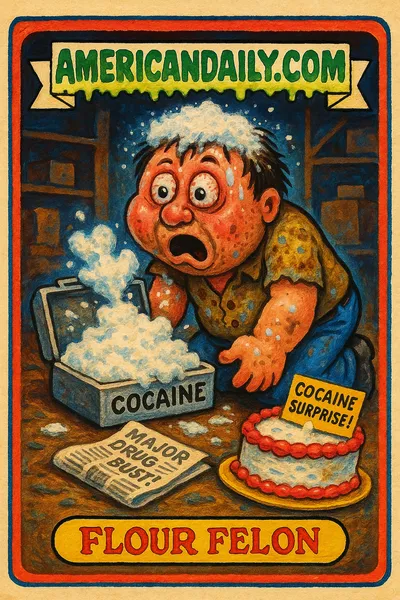 A satirical trading card featuring a comically shocked criminal realizing his cocaine is flour, in a 1980s Garbage Pail Kids art style.