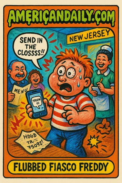 Cartoon of confused burglar Flubbed Fiasco Freddy in a bungled robbery scene with a mistranslated note.