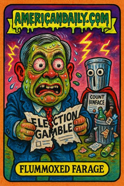 A satirical cartoon of Nigel Farage with an oversized head and bewildered expression, alongside Count Binface, a trash can character, under a stormy sky.