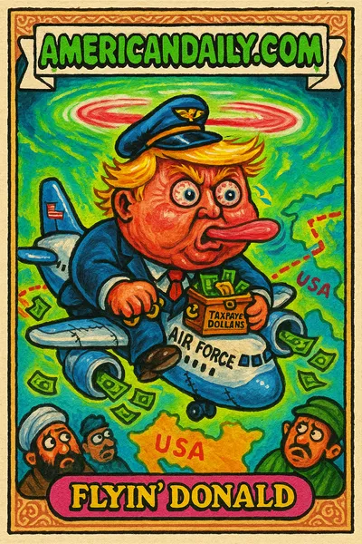 Grotesque caricature of Trump as a pilot on a patchwork Air Force One spitting money, holding taxpayer dollars, with a chaotic sky and confused proxies below.