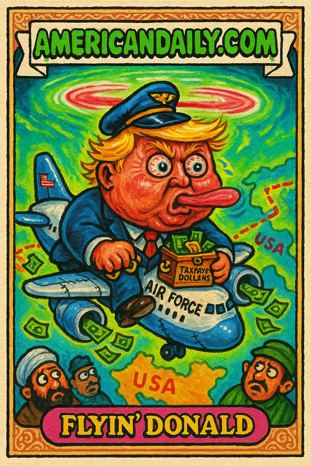 Grotesque caricature of Trump as a pilot on a patchwork Air Force One spitting money, holding taxpayer dollars, with a chaotic sky and confused proxies below.