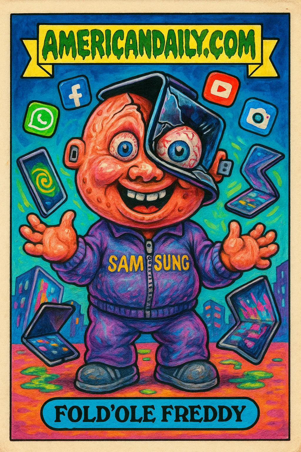 Fold'Ole Freddy, a grotesque character with a head like a folding smartphone, juggles multiple quirky foldable devices amid a neon-colored tech chaos.