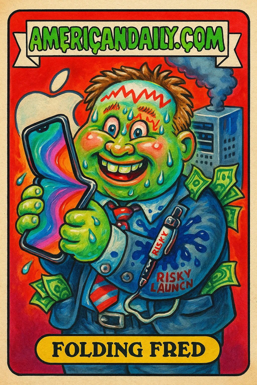 A grotesque depiction of Apple's new boss holding a comically large folding iPhone, surrounded by a chaotic launch event scene.