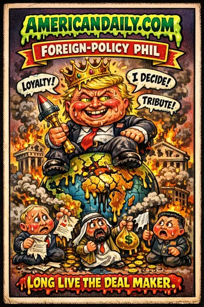 Satirical Garbage Pail Kids-style cartoon showing a crown-wearing strongman sitting on the world as frightened leaders kneel below, symbolizing Trump's foreign policy approach.