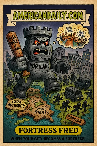 Cartoon parody of a monstrous "Urban Invader" figure stomping on a map of Portland, holding a dripping baton, with federal troops pouring from vans, Portland skyline melting, a thought bubble showing cheering crowds with "USA Strong" signs, top banner "AMERICANDAILY.COM."