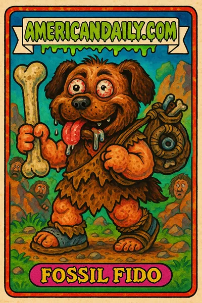 Garbage Pail Kids style card featuring a grotesque dog-human hybrid in prehistoric settings, clutching a bone club, vibrant colors and exaggerated features, with 'Fossil Fido' name.