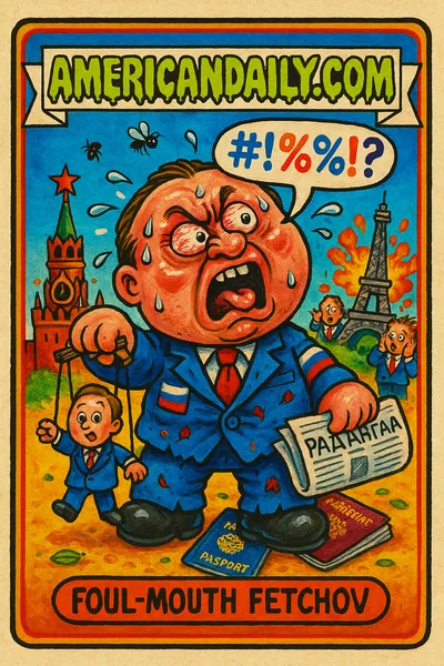 A grotesque caricature of a Russian official 'Foul-Mouth Fetchov' grimacing, with exaggerated features, holding marionette of French diplomat, in front of comical Kremlin backdrop.