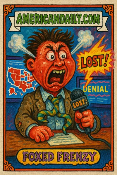 A grotesque TV news anchor with wild hair and bulging eyes desperately shouting into a mic that's exploding with 'LOST!', surrounded by chaotic studio graphics.