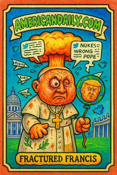 Cartoonish, hideous depiction of Pope Leo with a mushroom-cloud head, holding a deflated Trump balloon globe among tweeting birds and flying paper planes.