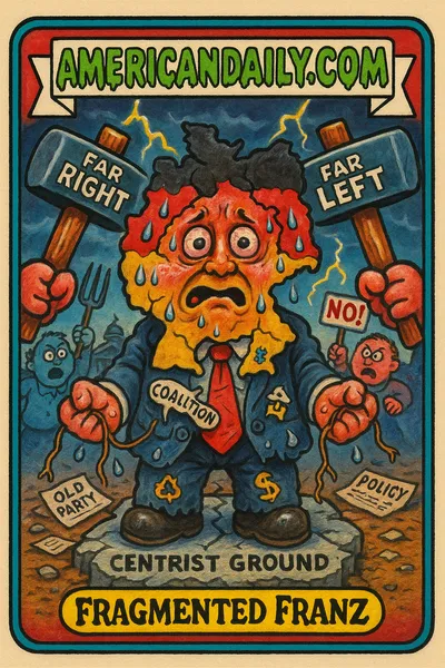 A satirical trading card depicts 'Fragmented Franz', a chaotic politician caught between far-right and far-left symbols, with a platform of teetering political paraphernalia beneath him.