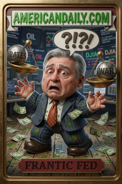 A grotesque trading card character 'Frantic Fed' represents the Federal Reserve, frantically juggling scales with rates and war models, in a chaotic newscast studio. — 3D version