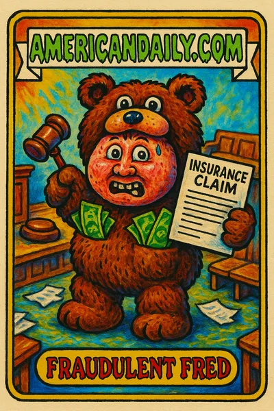 A grotesque trading card illustration of a human in a bear suit with exaggerated facial features, cash spilling from pockets, and a massive fake insurance claim form.