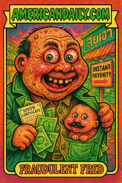 A grotesque cartoon character 'Fraudulent Fred' in a trench coat overflowing with fake birth certificates, set in a busy Thai street market.