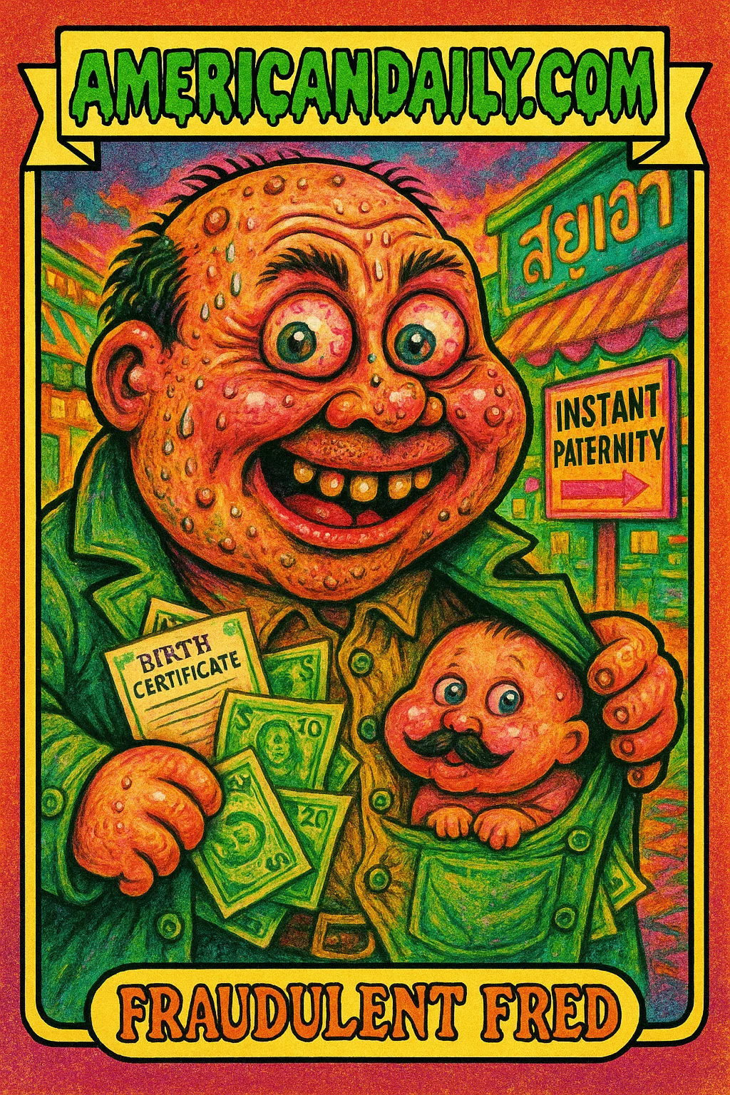 A grotesque cartoon character 'Fraudulent Fred' in a trench coat overflowing with fake birth certificates, set in a busy Thai street market.