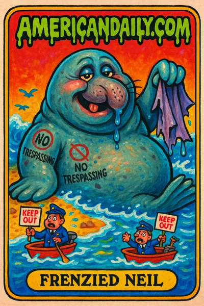 A cartoon trading card featuring Neil, an oversized mischievous seal, causing chaos on a beach surrounded by frantic officials.