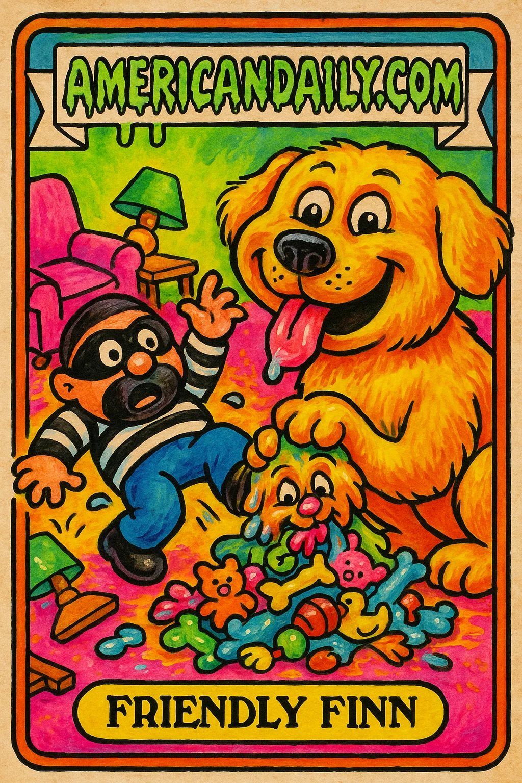 An ugly yet funny golden retriever offers toys to a comical burglar in a chaotic, bright living room setting.