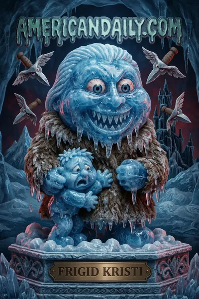 Grotesque caricature of 'Frigid Kristi' with icy-blue skin, fur coat, chilling landscape with cupid knives. Comically tiny 'Corey' clings on desperately. — 3D version