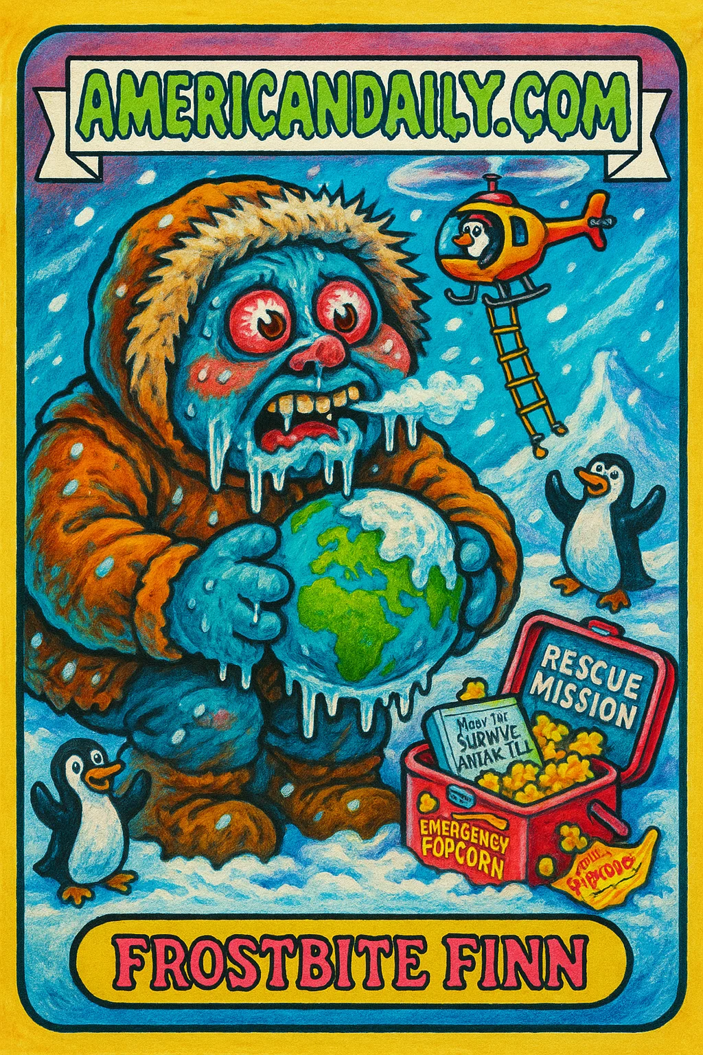 A grotesque character dressed in a damaged parka with a huge globe, icicle features, and a comedy helicopter with a penguin pilot against a snowy background.