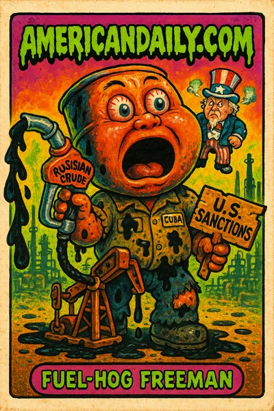 Grotesque caricature of 'Fuel-Hog Freeman', an oil-drinking beast with a barrel head, clutching crude oil and a broken sanctions sign.