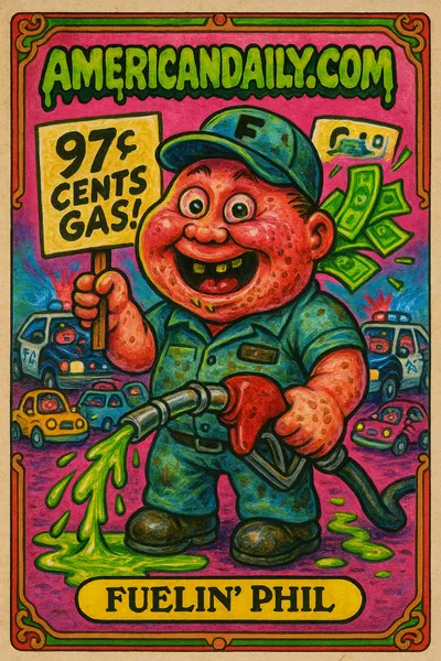 Fuelin' Phil, a grotesque attendant with a massive grin and mismatched eyes, spills gas from a nozzle. Cars rush to the cheap gas scene. Police lights flash.