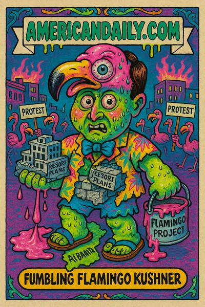 A grotesque cartoon of Jared Kushner with a flamingo head, resort outfit, and protest scene background. There's chaos around with protestors and pink slime.