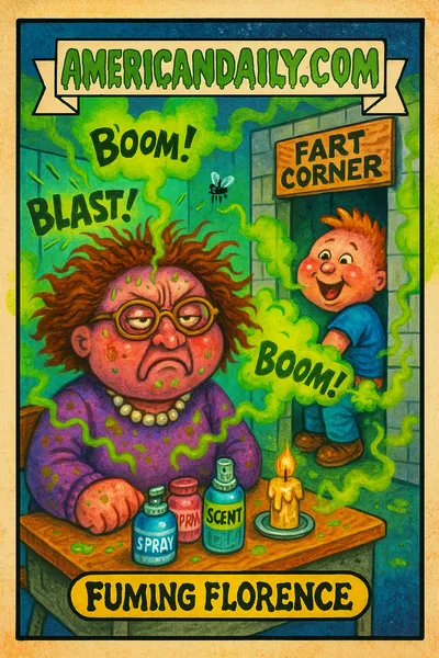 A teacher, frazzled by gas, stands near a 'Fart Corner', with a green gas cloud and a mischievous student with a whoopee cushion.