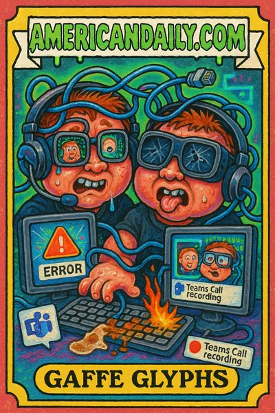 Hacker twins with tangled tech gear and glitching screens caught in a recording accident, surrounded by malfunctioning digital chaos.
