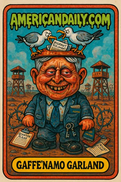 A grotesque political caricature with a head like a prison tower, surrounded by unused migrant documents and perched seagulls at a desolate Guantanamo Bay.