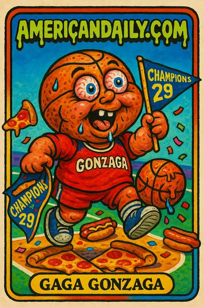 A satirical trading card featuring a grotesque Gonzaga fan with a basketball head, bloodshot eyes, and a drooling mouth, holding a championship banner. He's on a surreal pizza court.