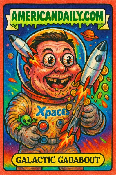 A GPK-style grotesque astronaut of Elon Musk holding a rocket bank amid space-themed chaos, representing SpaceX's IPO.