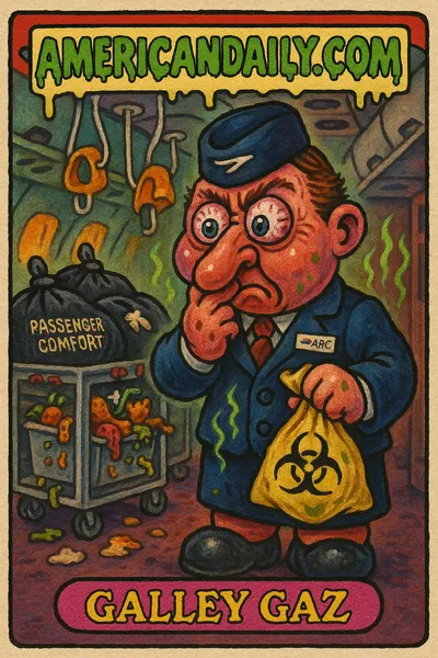 A grotesque flight attendant 'Galley Gaz' with bulging eyes and a long pinched nose, holding a biohazard bag in a cluttered airplane galley.