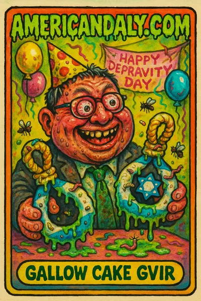 Grotesque caricature of Israeli Minister Ben Gvir with oversized head, sinister grin, noose-shaped cakes dripping with icing and bugs in grimy party scene.